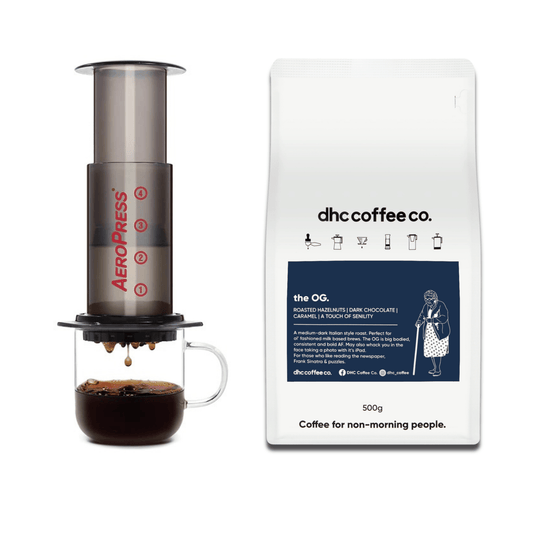 AeroPress Original Coffee Maker + 500g of the OG coffee. Save 10% - dhc coffee co.